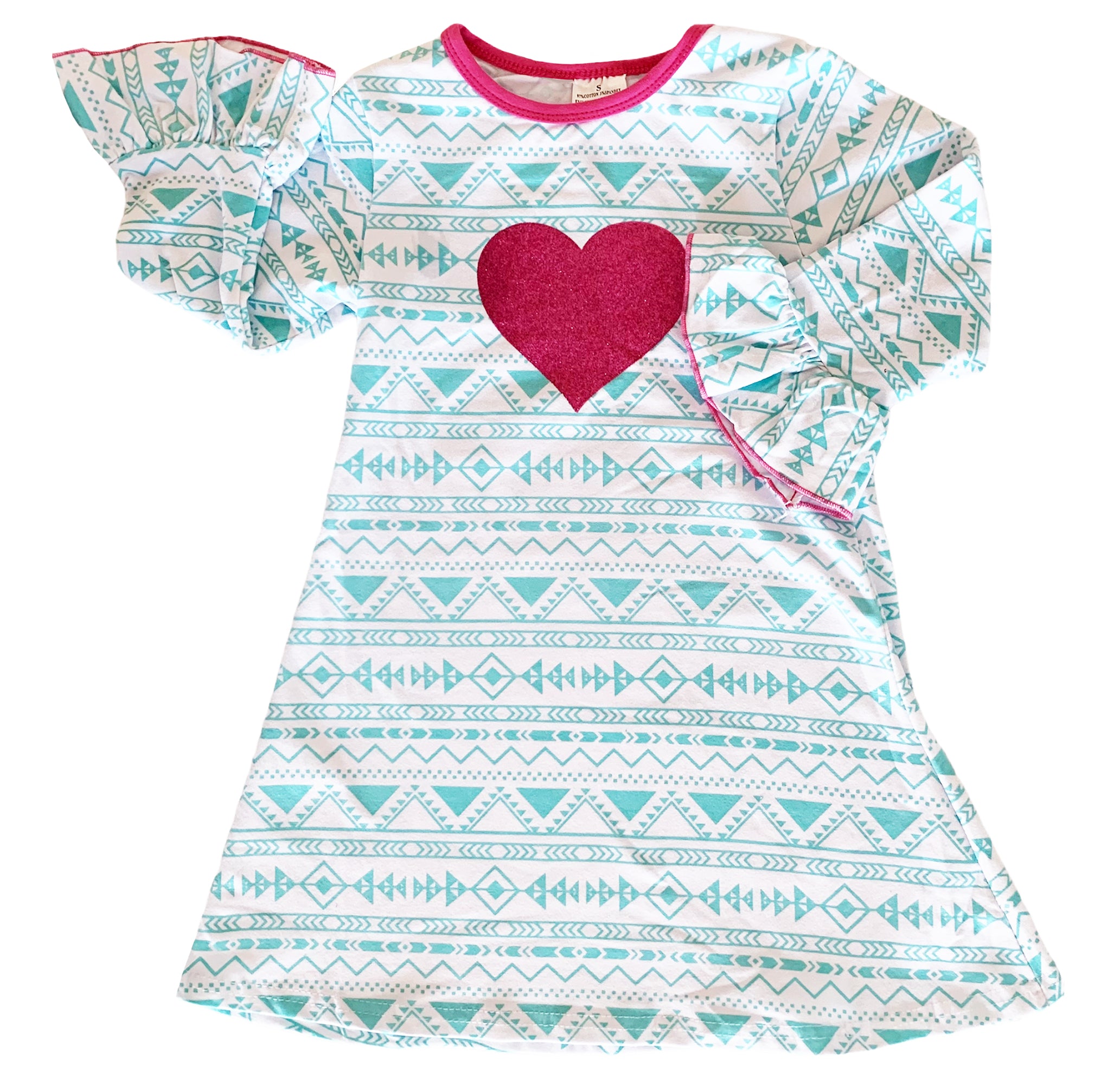 AL Limited Girls Boutique dress featuring blue and pink heart design, soft cotton fabric, and ruffled sleeves, perfect for young girls.